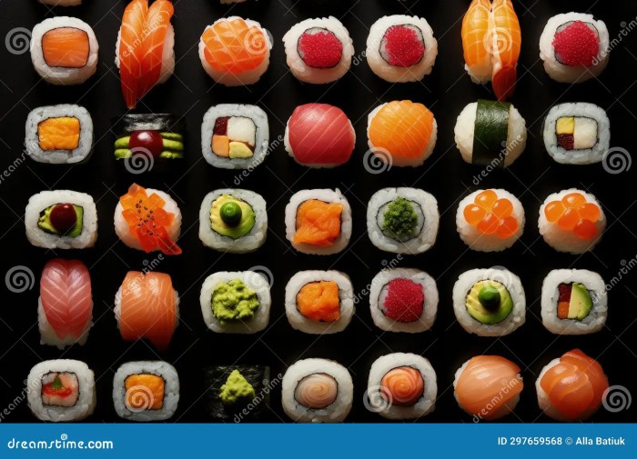 The Aesthetics of Japanese Cuisine. Sushi. Rice with Vinegar Seasoning. Various Seafood ...