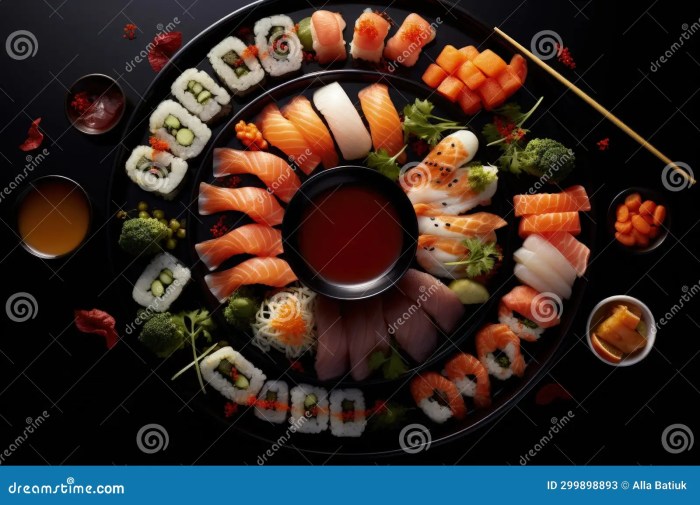 The Aesthetics of Japanese Cuisine. Sushi. Rice with Vinegar Seasoning. Various Seafood ...